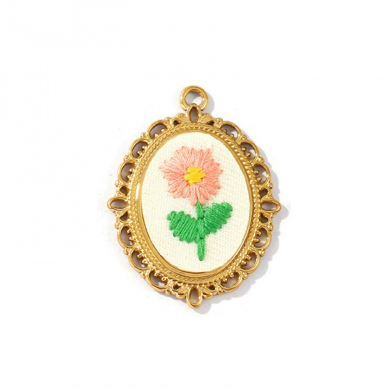 Picture of 2 PCs Eco-friendly PVD Anti-Tarnish Hypoallergenic 304 Stainless Steel Pendants Wholesale 18K Real Gold Plated Orange Pink Oval Flower Handmade Embroidered 4cm x 3cm