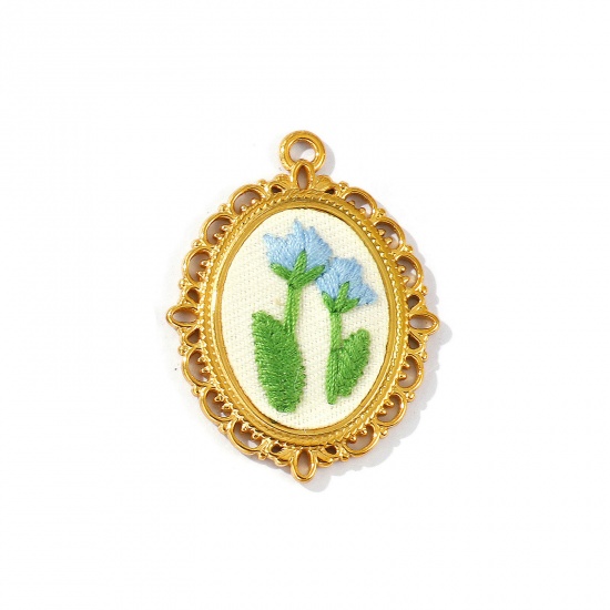 Picture of 2 PCs Eco-friendly PVD Anti-Tarnish Hypoallergenic 304 Stainless Steel Pendants Wholesale 18K Real Gold Plated Blue Oval Flower Handmade Embroidered 4cm x 3cm