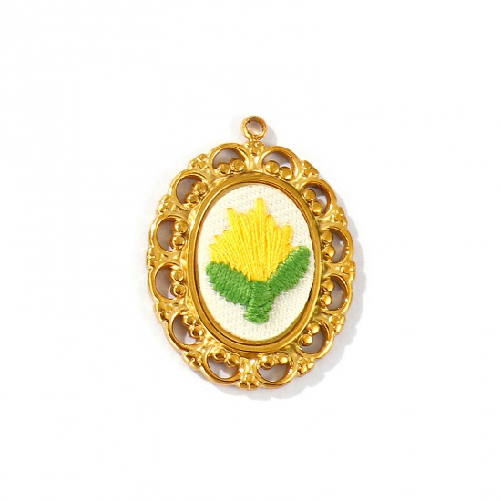 Picture of 2 PCs Eco-friendly PVD Anti-Tarnish Hypoallergenic 304 Stainless Steel Pendants Wholesale 18K Real Gold Plated Yellow Oval Flower Handmade Embroidered 3.1cm x 2.3cm