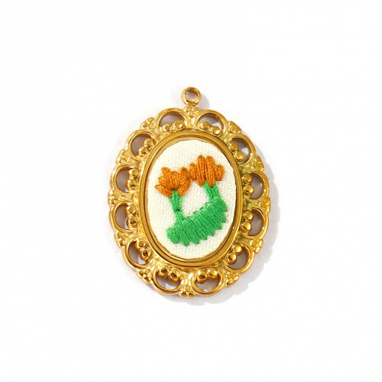 Picture of 2 PCs Eco-friendly PVD Anti-Tarnish Hypoallergenic 304 Stainless Steel Pendants Wholesale 18K Real Gold Plated Brown Oval Flower Handmade Embroidered 3.1cm x 2.3cm