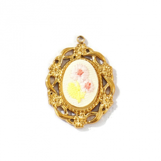Picture of 2 PCs Eco-friendly PVD Anti-Tarnish Hypoallergenic 304 Stainless Steel Pendants Wholesale 18K Real Gold Plated Light Pink Oval Flower Handmade Embroidered 3.4cm x 2.5cm