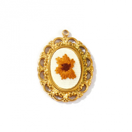 Picture of 2 PCs Eco-friendly PVD Anti-Tarnish Hypoallergenic 304 Stainless Steel Pendants Wholesale 18K Real Gold Plated Brown Oval Flower Handmade Embroidered 3.1cm x 2.3cm