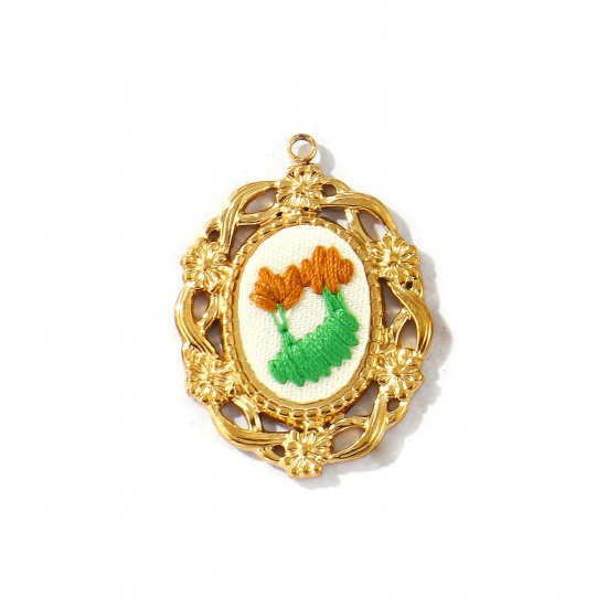 Picture of 2 PCs Eco-friendly PVD Anti-Tarnish Hypoallergenic 304 Stainless Steel Pendants Wholesale 18K Real Gold Plated Brown Oval Flower Handmade Embroidered 3.4cm x 2.5cm