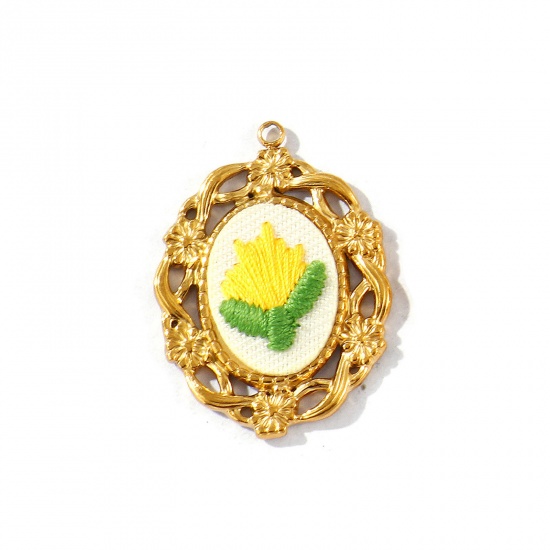 Picture of 2 PCs Eco-friendly PVD Anti-Tarnish Hypoallergenic 304 Stainless Steel Pendants Wholesale 18K Real Gold Plated Yellow Oval Flower Handmade Embroidered 3.4cm x 2.5cm