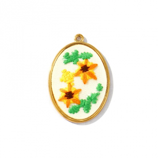 Immagine di 2 Pz PVD Ecologica Anti-Ossidante Ipoallergenico 304 Acciaio Inossidabile Ciondoli Pendenti All'Ingrosso 18K Vero Oro Placcato Arancione Ovale Fiore Fatto Ricamato 4cm x 2.7cm
