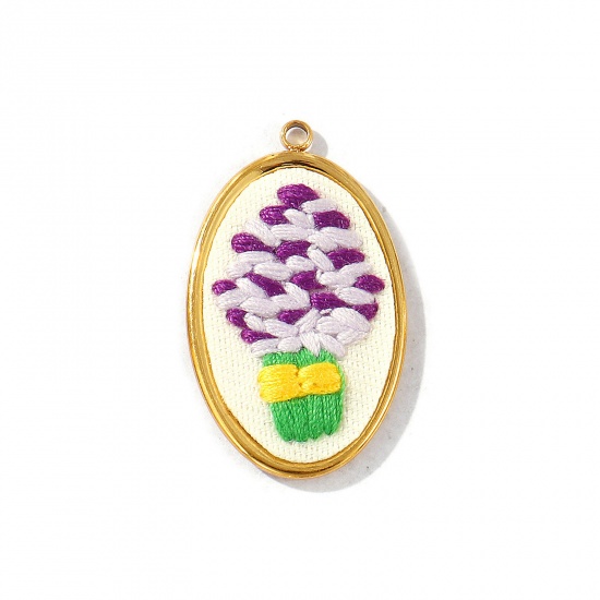 Immagine di 2 Pz PVD Ecologica Anti-Ossidante Ipoallergenico 304 Acciaio Inossidabile Ciondoli Pendenti All'Ingrosso 18K Vero Oro Placcato Colore Viola Ovale Fiore Fatto Ricamato 3.3cm x 2cm