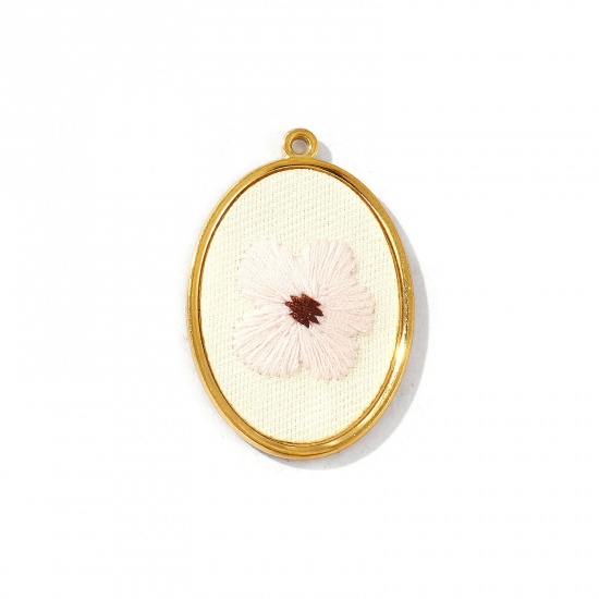 Immagine di 2 Pz PVD Ecologica Anti-Ossidante Ipoallergenico 304 Acciaio Inossidabile Ciondoli Pendenti All'Ingrosso 18K Vero Oro Placcato Rosa Chiaro Ovale Fiore Fatto Ricamato 4cm x 2.7cm