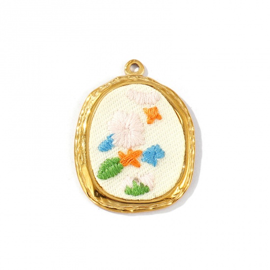 Immagine di 2 Pz PVD Ecologica Anti-Ossidante Ipoallergenico 304 Acciaio Inossidabile Ciondoli Pendenti All'Ingrosso 18K Vero Oro Placcato Multicolore Ovale Fiore Fatto Ricamato 3.4cm x 2.6cm