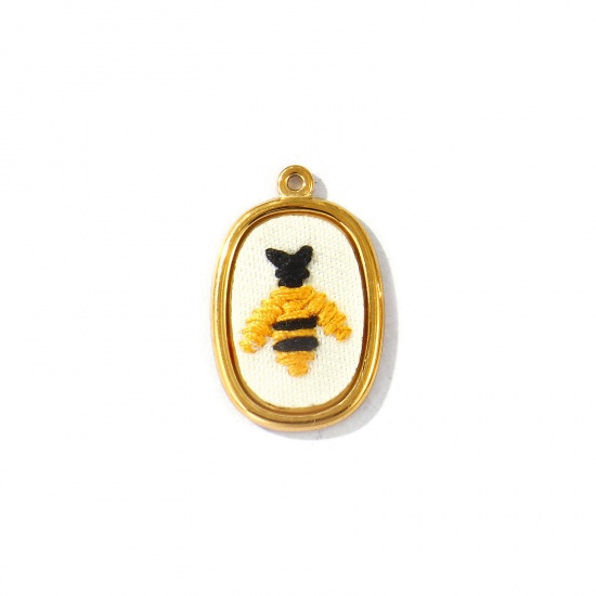 Immagine di 2 Pz PVD Ecologica Anti-Ossidante Ipoallergenico 304 Acciaio Inossidabile Ciondoli All'Ingrosso 18K Vero Oro Placcato Nero & Arancione Ovale Ape Fatto Ricamato 28mm x 18mm