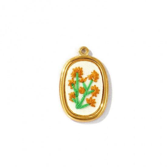 Immagine di 2 Pz PVD Ecologica Anti-Ossidante Ipoallergenico 304 Acciaio Inossidabile Ciondoli All'Ingrosso 18K Vero Oro Placcato Marrone Ovale Fiore Fatto Ricamato 28mm x 18mm