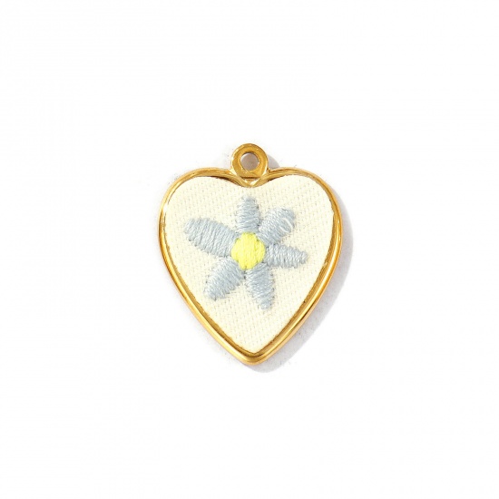 Immagine di 2 Pz PVD Ecologica Anti-Ossidante Ipoallergenico 304 Acciaio Inossidabile Ciondoli All'Ingrosso 18K Vero Oro Placcato Grigio Scuro Cuore Fiore Fatto Ricamato 27mm x 22mm