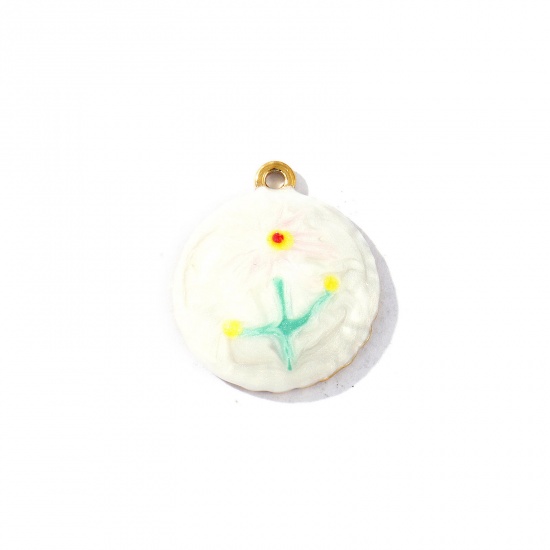 Picture of 2 PCs Eco-friendly PVD Vacuum Plating Waterproof Anti-Tarnish Hypoallergenic 304 Stainless Steel Charms 18K Real Gold Plated Enamel Round Sunflower Pearlized 23mm x 20mm
