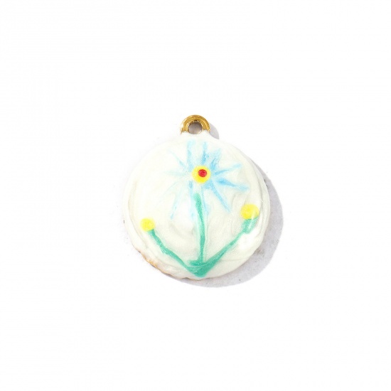 Picture of 2 PCs Eco-friendly PVD Vacuum Plating Waterproof Anti-Tarnish Hypoallergenic 304 Stainless Steel Charms 18K Real Gold Plated Multicolor Enamel Round Sunflower Pearlized 23mm x 20mm