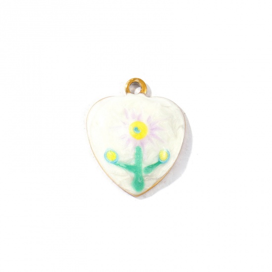 Picture of 2 PCs Eco-friendly PVD Vacuum Plating Waterproof Anti-Tarnish Hypoallergenic 304 Stainless Steel Valentine's Day Charms 18K Real Gold Plated Multicolor Enamel Heart Sunflower Pearlized 22.5mm x 18mm