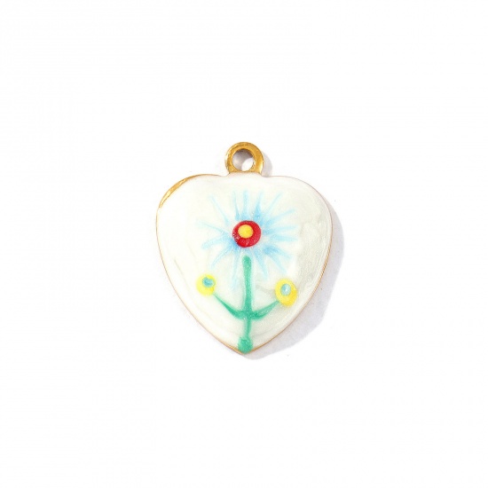 Picture of 2 PCs Eco-friendly PVD Vacuum Plating Waterproof Anti-Tarnish Hypoallergenic 304 Stainless Steel Valentine's Day Charms 18K Real Gold Plated Multicolor Enamel Heart Sunflower Pearlized 22.5mm x 18mm
