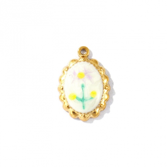 Picture of 2 PCs Eco-friendly PVD Vacuum Plating Waterproof Anti-Tarnish Hypoallergenic 304 Stainless Steel Charms 18K Real Gold Plated Multicolor Enamel Oval Sunflower Pearlized 22mm x 15mm