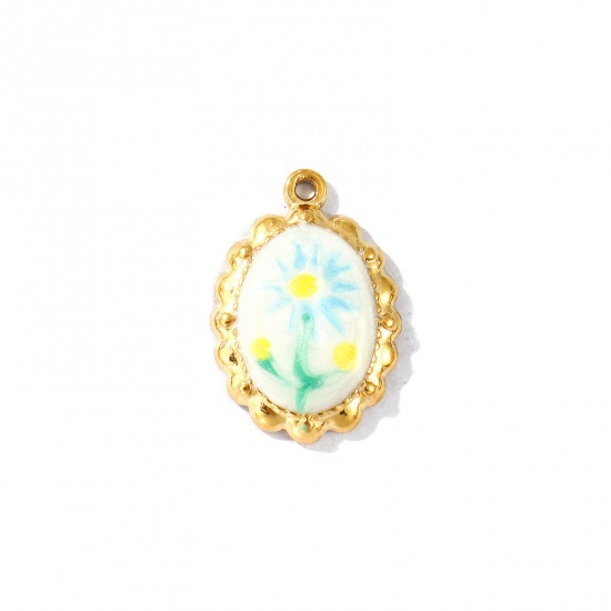 Picture of 2 PCs Eco-friendly PVD Vacuum Plating Waterproof Anti-Tarnish Hypoallergenic 304 Stainless Steel Charms 18K Real Gold Plated Multicolor Enamel Oval Sunflower Pearlized 22mm x 15mm