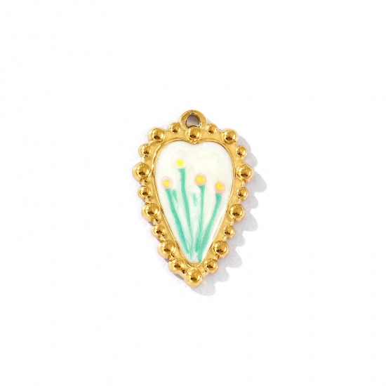 Picture of 2 PCs Eco-friendly PVD Vacuum Plating Waterproof Anti-Tarnish Hypoallergenic 304 Stainless Steel Valentine's Day Charms 18K Real Gold Plated Green Enamel Heart Flower Pearlized 28mm x 19mm