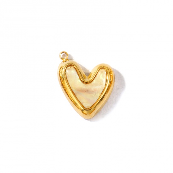 Picture of 1 Piece Eco-friendly PVD Waterproof Anti-Tarnish Hypoallergenic 304 Stainless Steel & Natural Shell Valentine's Day Charms Wholesale 18K Real Gold Plated Beige Heart 18mm x 15mm