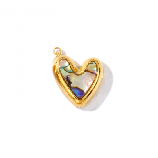 Picture of 1 Piece Eco-friendly PVD Waterproof Anti-Tarnish Hypoallergenic 304 Stainless Steel & Natural Shell Valentine's Day Charms Wholesale 18K Real Gold Plated Multicolor Heart 18mm x 15mm