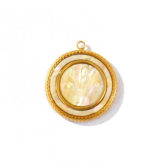 Picture of 1 Piece Eco-friendly PVD Waterproof Anti-Tarnish Hypoallergenic 304 Stainless Steel & Natural Shell Charms Wholesale 18K Real Gold Plated Beige Round 26mm x 23mm