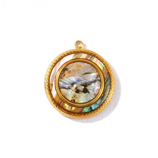 Picture of 1 Piece Eco-friendly PVD Waterproof Anti-Tarnish Hypoallergenic 304 Stainless Steel & Natural Shell Charms Wholesale 18K Real Gold Plated Multicolor Round 26mm x 23mm