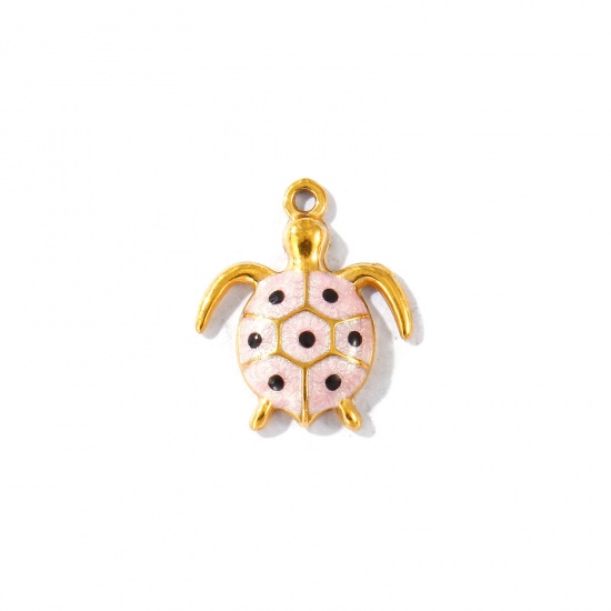 Picture of 5 PCs Eco-friendly PVD Waterproof Anti-Tarnish Hypoallergenic 304 Stainless Steel Ocean Jewelry Charms Wholesale 18K Real Gold Plated Pink Enamel Tortoise Animal Pearlized 16mm x 14mm