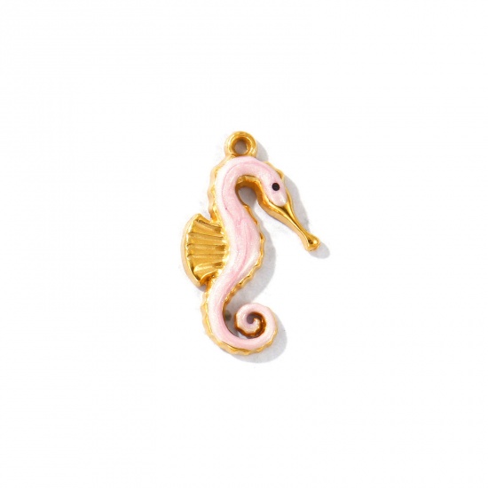 Picture of 5 PCs Eco-friendly PVD Waterproof Anti-Tarnish Hypoallergenic 304 Stainless Steel Ocean Jewelry Charms Wholesale 18K Real Gold Plated Pink Enamel Seahorse Animal Pearlized 20mm x 12mm