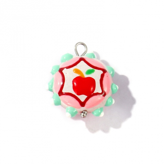 Picture of 2 PCs Eco-friendly 304 Stainless Steel & Resin Charms Wholesale Silver Tone Multicolor Enamel Flower Apple Fruit 22mm x 19mm