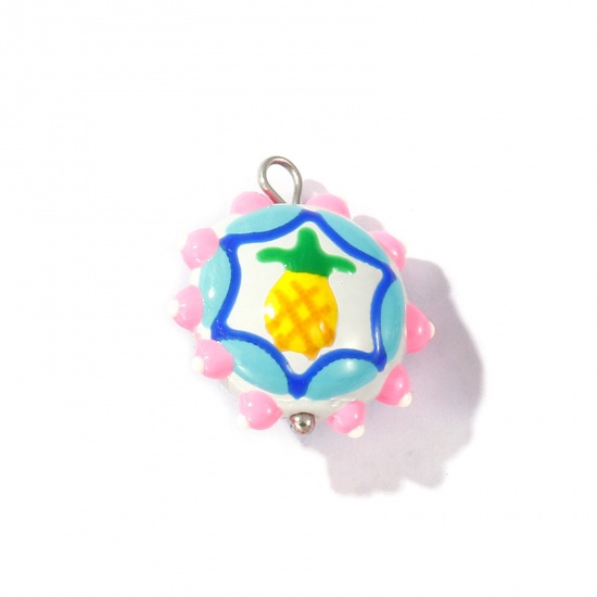 Picture of 2 PCs Eco-friendly 304 Stainless Steel & Resin Charms Wholesale Silver Tone Multicolor Enamel Flower Pineapple 22mm x 19mm