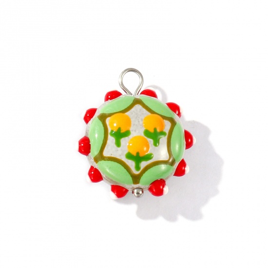 Picture of 2 PCs Eco-friendly 304 Stainless Steel & Resin Charms Wholesale Silver Tone Multicolor Enamel Flower Orange Fruit 22mm x 19mm