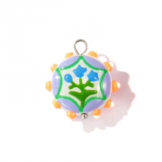 Picture of 2 PCs Eco-friendly 304 Stainless Steel & Resin Charms Wholesale Silver Tone Multicolor Enamel Flower 22mm x 19mm