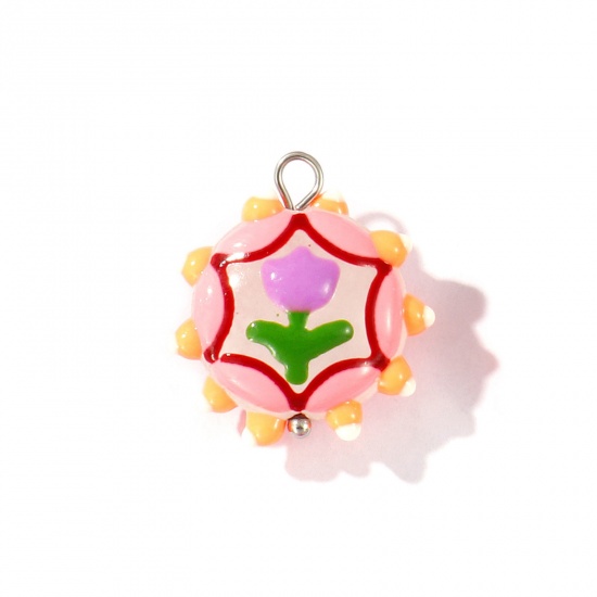 Picture of 2 PCs Eco-friendly 304 Stainless Steel & Resin Charms Wholesale Silver Tone Multicolor Enamel Flower Tulip Flower 22mm x 19mm