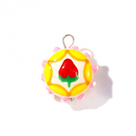 Picture of 2 PCs Eco-friendly 304 Stainless Steel & Resin Charms Wholesale Silver Tone Multicolor Enamel Flower Strawberry Fruit 22mm x 19mm