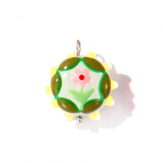Picture of 2 PCs Eco-friendly 304 Stainless Steel & Resin Charms Wholesale Silver Tone Multicolor Enamel Flower 22mm x 19mm