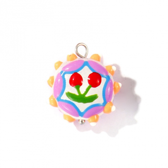 Picture of 2 PCs Eco-friendly 304 Stainless Steel & Resin Charms Wholesale Silver Tone Multicolor Enamel Flower Cherry Fruit 22mm x 19mm