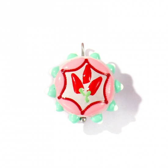Picture of 2 PCs Eco-friendly 304 Stainless Steel & Resin Charms Wholesale Silver Tone Multicolor Enamel Flower Pepper 22mm x 19mm