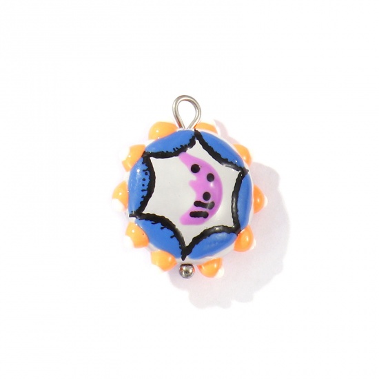 Picture of 2 PCs Eco-friendly 304 Stainless Steel & Resin Galaxy Charms Wholesale Silver Tone Multicolor Enamel Flower Moon 22mm x 19mm