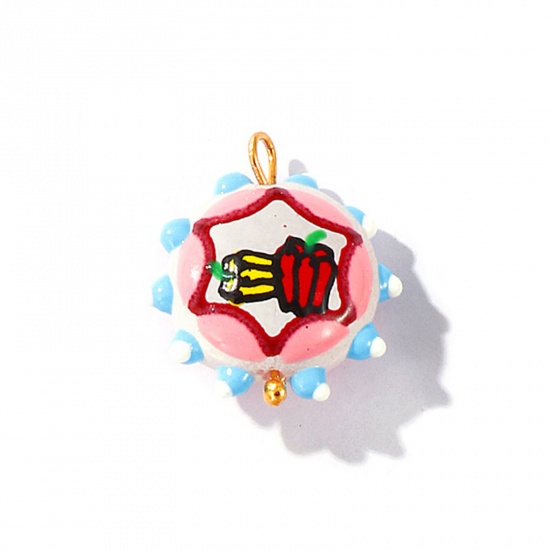 Picture of 2 PCs Eco-friendly PVD Waterproof Anti-Tarnish Hypoallergenic 304 Stainless Steel & Resin Charms Wholesale 18K Real Gold Plated Multicolor Enamel Flower Pepper 22mm x 19mm