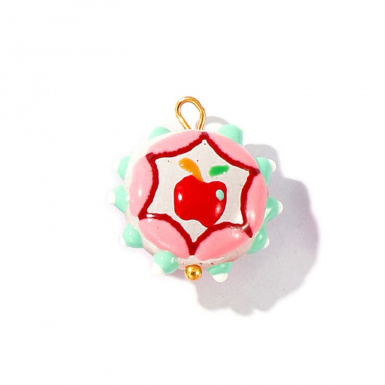 Picture of 2 PCs Eco-friendly PVD Waterproof Anti-Tarnish Hypoallergenic 304 Stainless Steel & Resin Charms Wholesale 18K Real Gold Plated Multicolor Enamel Flower Apple Fruit 22mm x 19mm
