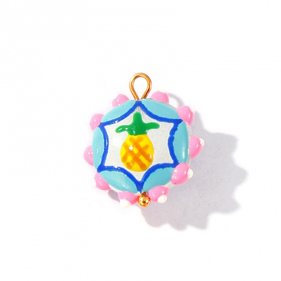 Picture of 2 PCs Eco-friendly PVD Waterproof Anti-Tarnish Hypoallergenic 304 Stainless Steel & Resin Charms Wholesale 18K Real Gold Plated Multicolor Enamel Flower Pineapple 22mm x 19mm