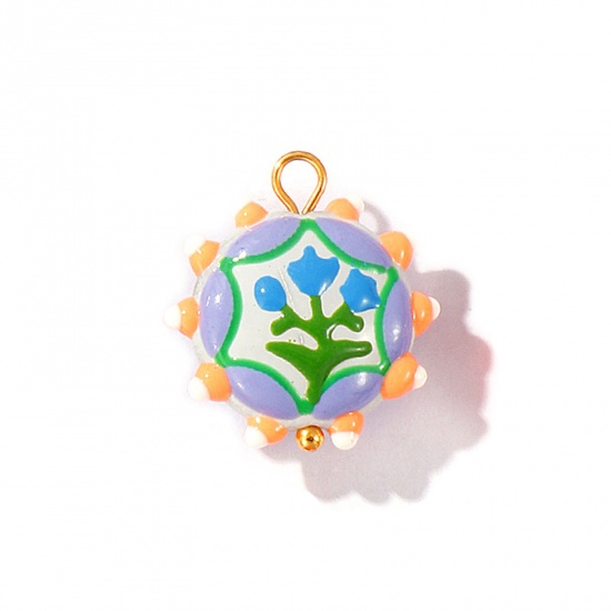 Picture of 2 PCs Eco-friendly PVD Waterproof Anti-Tarnish Hypoallergenic 304 Stainless Steel & Resin Charms Wholesale 18K Real Gold Plated Multicolor Enamel Flower 22mm x 19mm