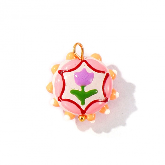 Picture of 2 PCs Eco-friendly PVD Waterproof Anti-Tarnish Hypoallergenic 304 Stainless Steel & Resin Charms Wholesale 18K Real Gold Plated Multicolor Enamel Flower Tulip Flower 22mm x 19mm