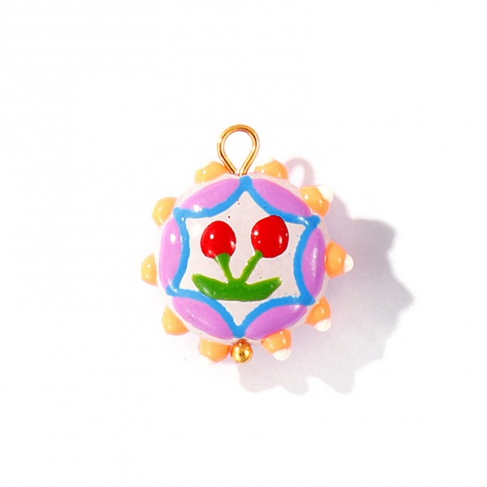 Picture of 2 PCs Eco-friendly PVD Waterproof Anti-Tarnish Hypoallergenic 304 Stainless Steel & Resin Charms Wholesale 18K Real Gold Plated Multicolor Enamel Flower Cherry Fruit 22mm x 19mm