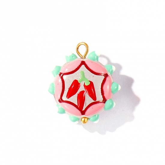 Picture of 2 PCs Eco-friendly PVD Waterproof Anti-Tarnish Hypoallergenic 304 Stainless Steel & Resin Charms Wholesale 18K Real Gold Plated Multicolor Enamel Flower Pepper 22mm x 19mm
