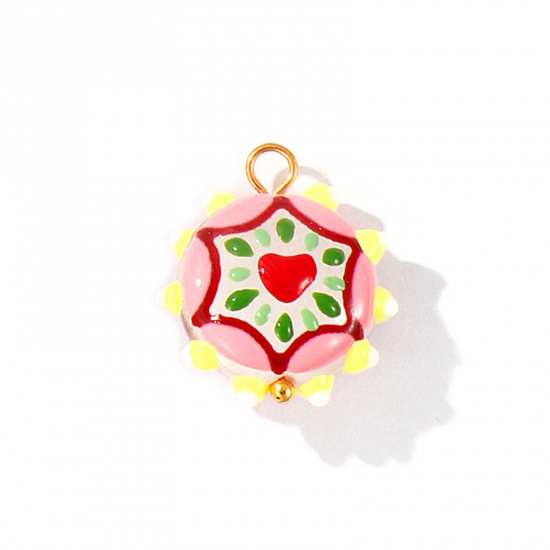Picture of 2 PCs Eco-friendly PVD Waterproof Anti-Tarnish Hypoallergenic 304 Stainless Steel & Resin Religious Charms Wholesale 18K Real Gold Plated Multicolor Enamel Flower Ex Voto Heart 22mm x 19mm
