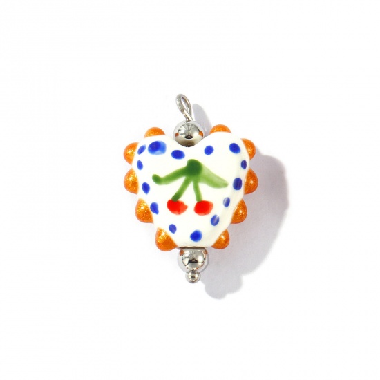 Picture of 2 PCs Eco-friendly 304 Stainless Steel & Resin Valentine's Day Charms Wholesale Silver Tone Multicolor Enamel Heart Cherry Fruit Painted 25mm x 17mm