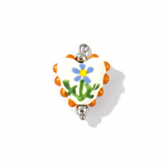 Picture of 2 PCs Eco-friendly 304 Stainless Steel & Resin Valentine's Day Charms Wholesale Silver Tone Multicolor Enamel Heart Flower Painted 25mm x 17mm
