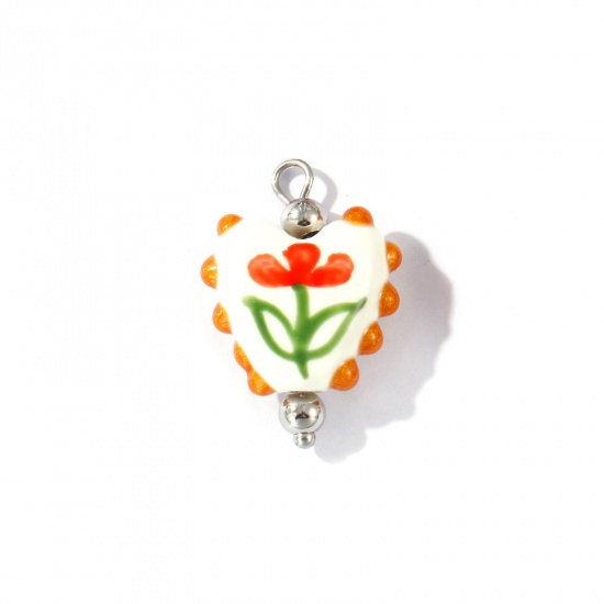 Picture of 2 PCs Eco-friendly 304 Stainless Steel & Resin Valentine's Day Charms Wholesale Silver Tone Red Enamel Heart Flower Painted 25mm x 17mm