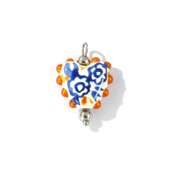 Picture of 2 PCs Eco-friendly 304 Stainless Steel & Resin Valentine's Day Charms Wholesale Silver Tone Blue Enamel Heart Flower Painted 25mm x 17mm